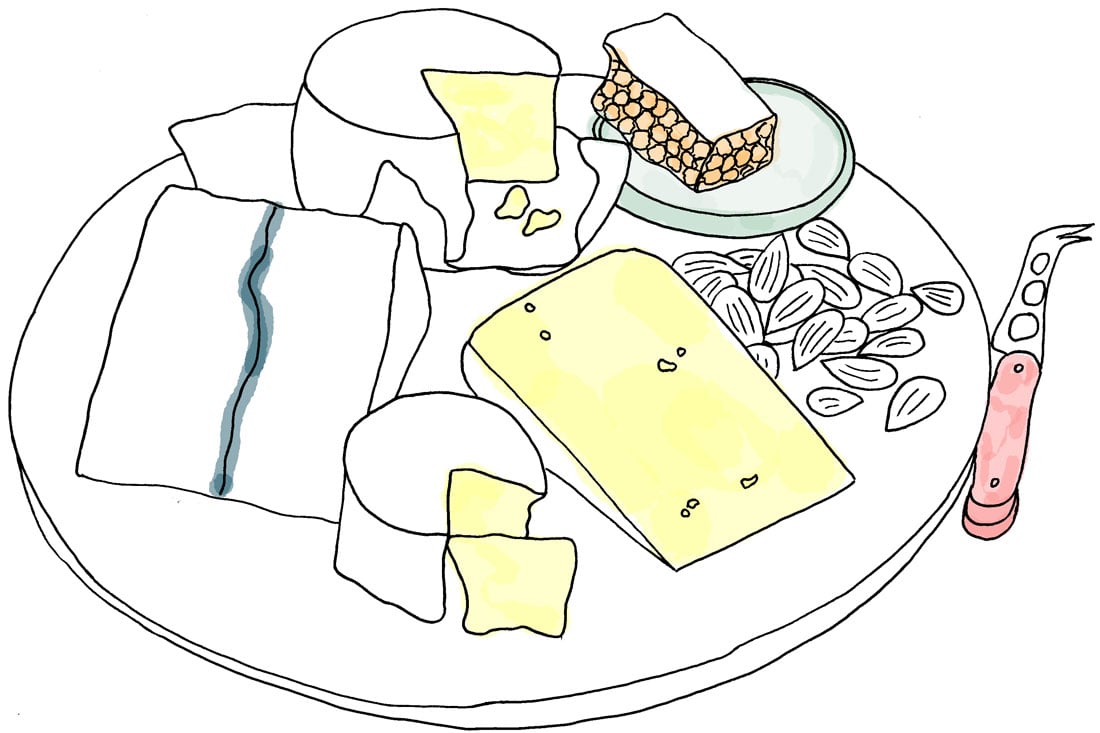 Illustration of a plate containing a variety of cheese and almonds.