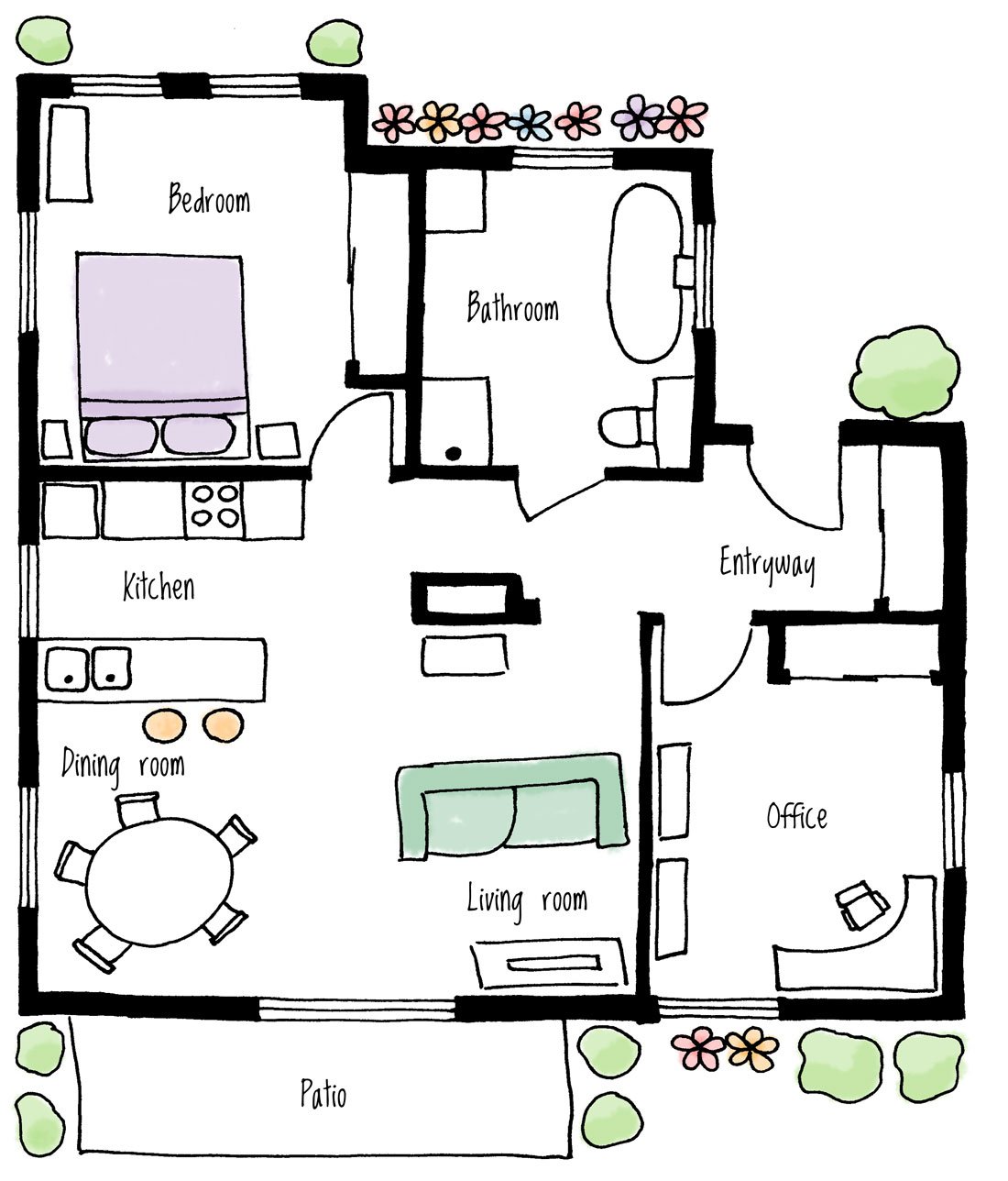 Illustration of a two-bedroom floor plan.