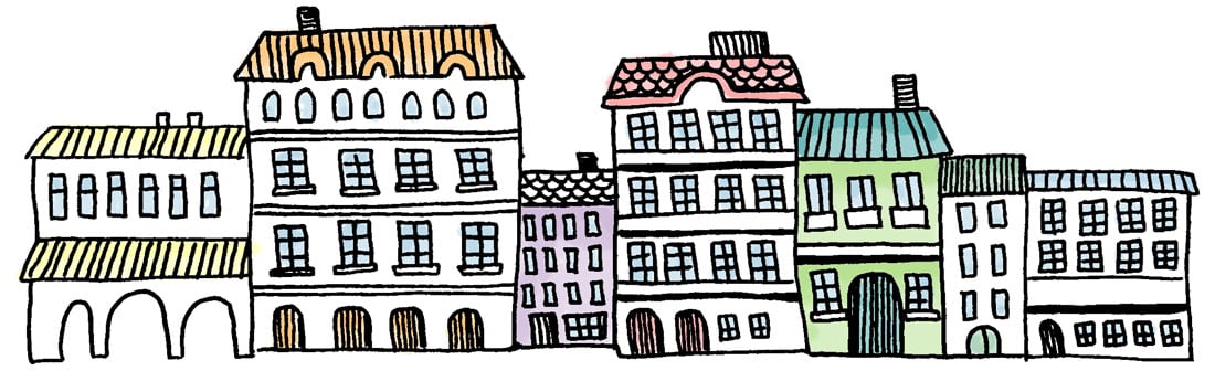 An illustration of a city street lined with houses and apartments.