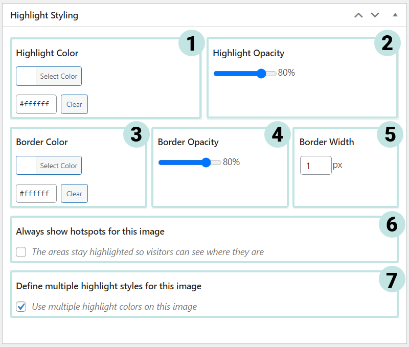 Labels each aspect of the highlight settings for hotspots