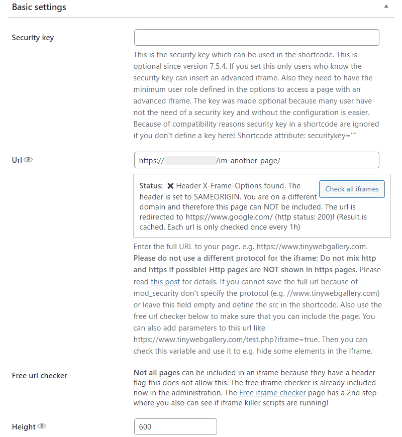 Fill in desired settings for the advanced iframe.