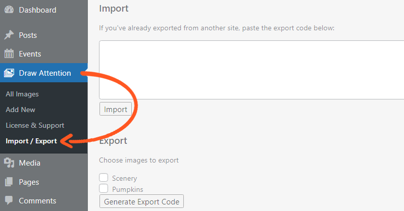 Locate the import/export feature under Draw Attention in WordPress Admin