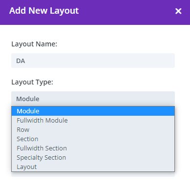 Select Module from Add New Layout in Divi