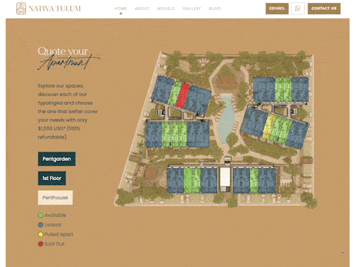 Clicking through the Nativa Tulum site to display the residences and floor plans.