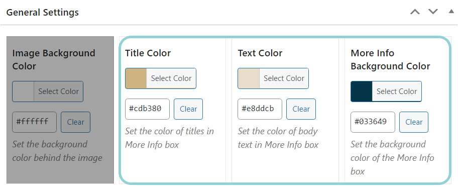 General Settings depicting the Title Color, Text Color, and More Info background color that can be modified.