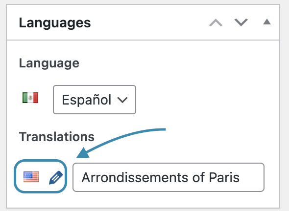 Language panel module within interactive image editor. Showing current translation and alternate translation with pencil icon to switch.