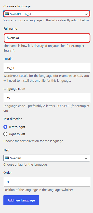 Add new language form with Svenska chosen in the language dropdown and the Full name, Locale, Language code and Flag fields filled in automatically.