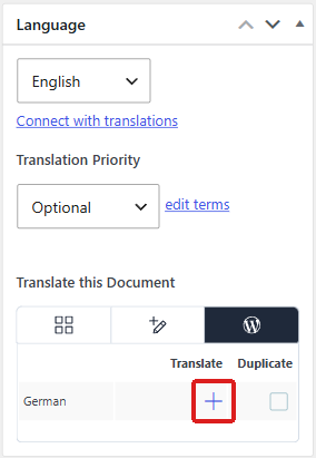 Language box with the plus icon highlighted in the Translate column next to German.