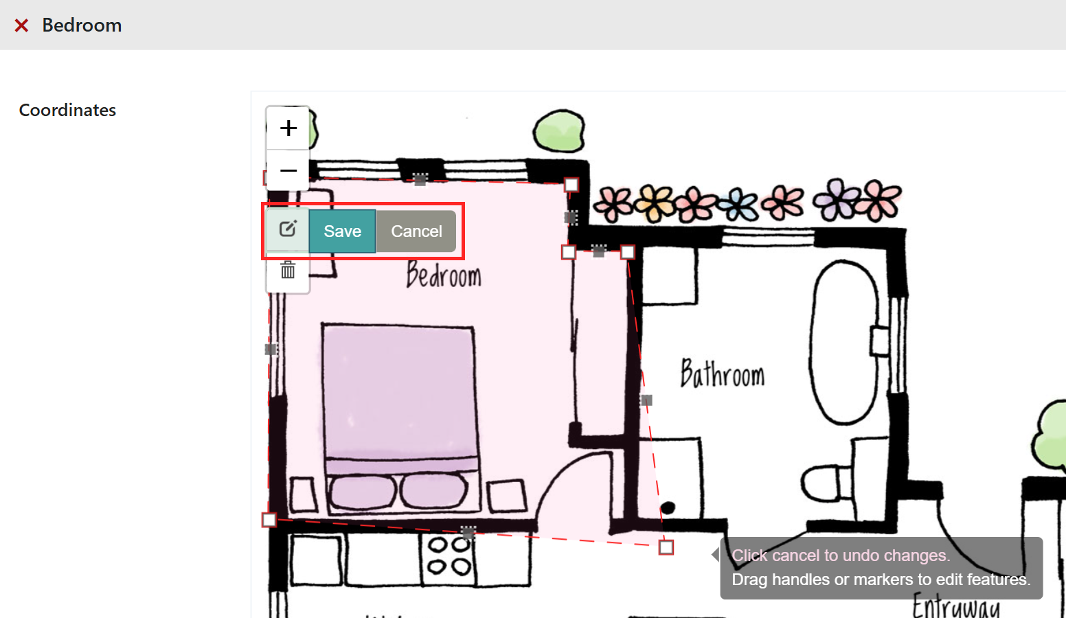 Bedroom hotspot in edit mode with one corner handle dragged outward, and the Edit Layers, Save and Cancel buttons highlighted.