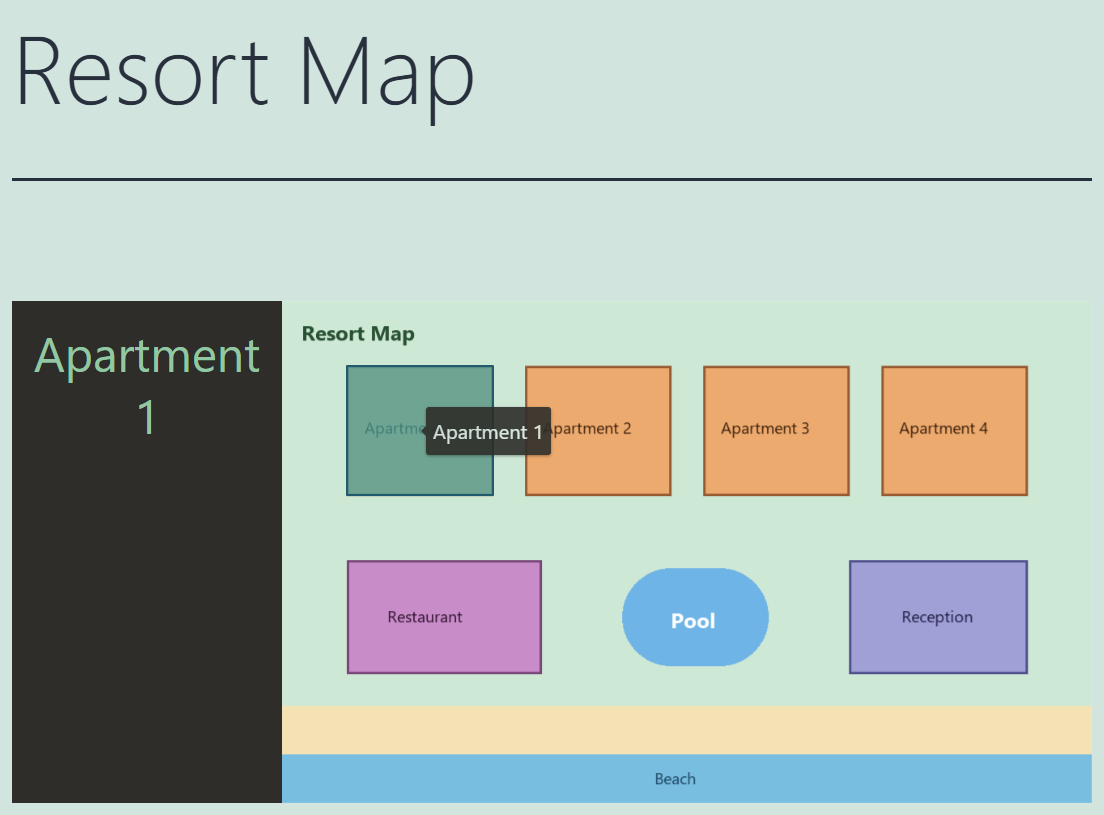 A page titled Resort Map showing the English interactive image with the Apartment 1 hotspot selected.