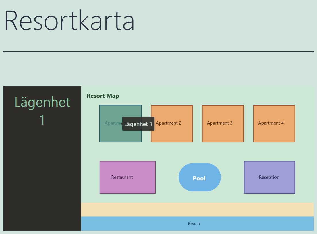The Swedish version of the page, titled Resortkarta, showing the Swedish interactive image with the Lägenhet 1 hotspot selected.