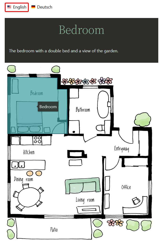 Interactive image on the English page with the language switcher above it and the Bedroom hotspot selected.