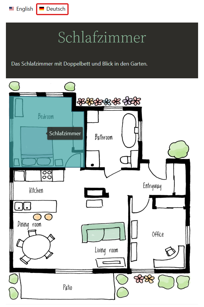 The same interactive image on the German page with the Schlafzimmer hotspot selected.