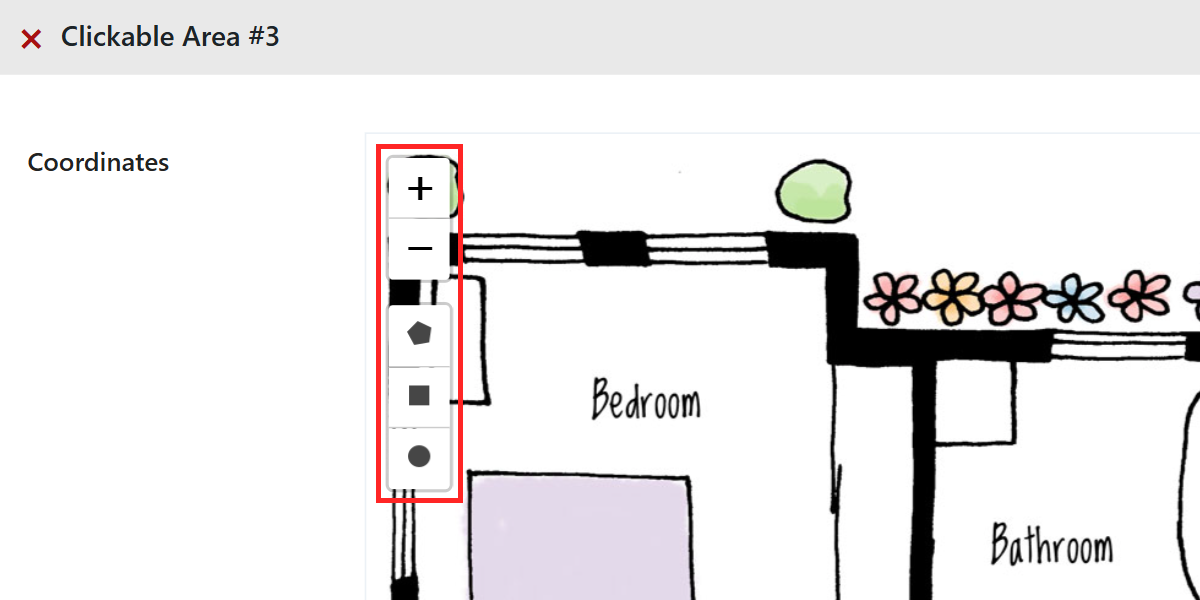 A new Clickable Area with the zoom in, zoom out, polygon, rectangle and circle tools highlighted on the left edge of the image.