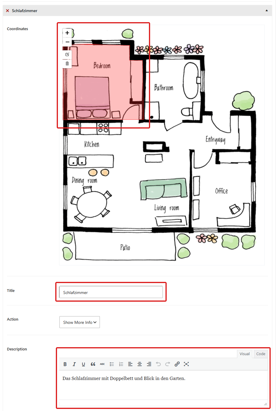 Hotspot Areas on the German translation with the bedroom area drawn, the title Schlafzimmer and a German description.
