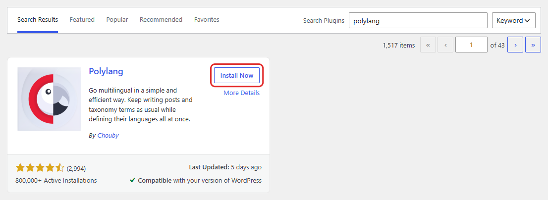 Plugins Add New screen searched for Polylang, with the Install Now button highlighted on the Polylang card.