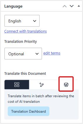 WPML Language box on a Draw Attention image with the WordPress icon highlighted under Translate this Document.