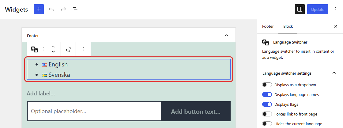 Widgets screen with the Language Switcher block added to the Footer widget area, showing English and Svenska.