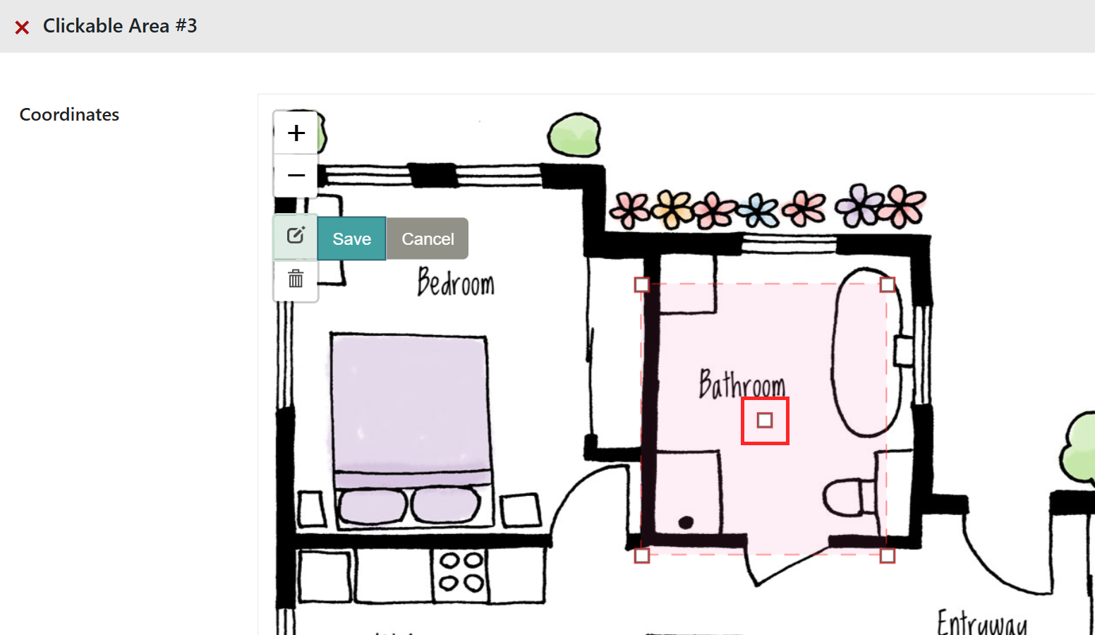 Rectangle hotspot over the Bathroom in edit mode, with the center marker highlighted.