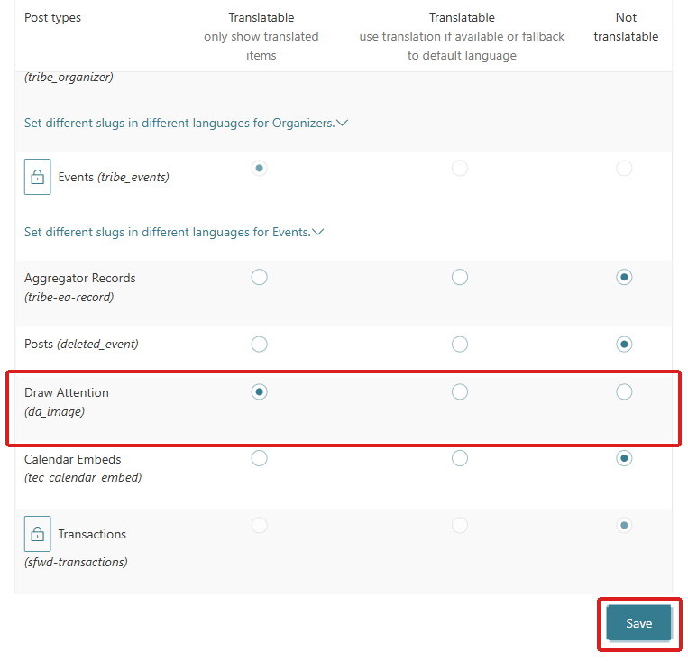 WPML Post Types Translation settings with Draw Attention (da_image) set to Translatable, only show translated items, and the Save button highlighted.