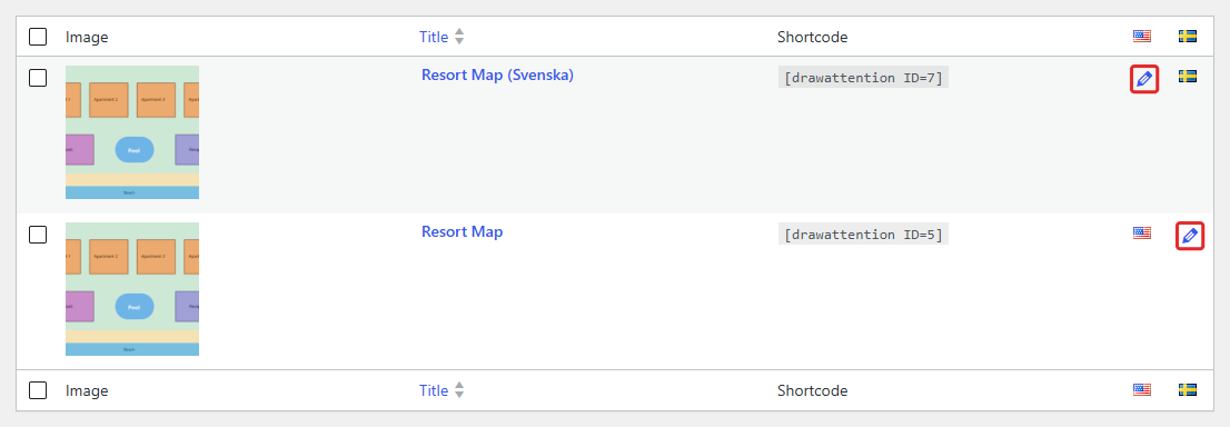 Draw Attention All Images list with English and Swedish language columns and the pencil icons for each linked translation highlighted.