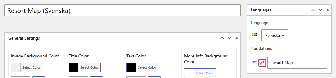 Swedish translation in the Draw Attention Pro editor with the pencil icon next to the English flag highlighted, linking to the English image.