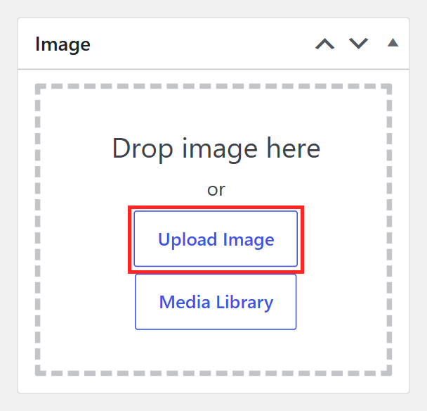Image box on the Add New Image screen with the Upload Image button highlighted below Drop image here.