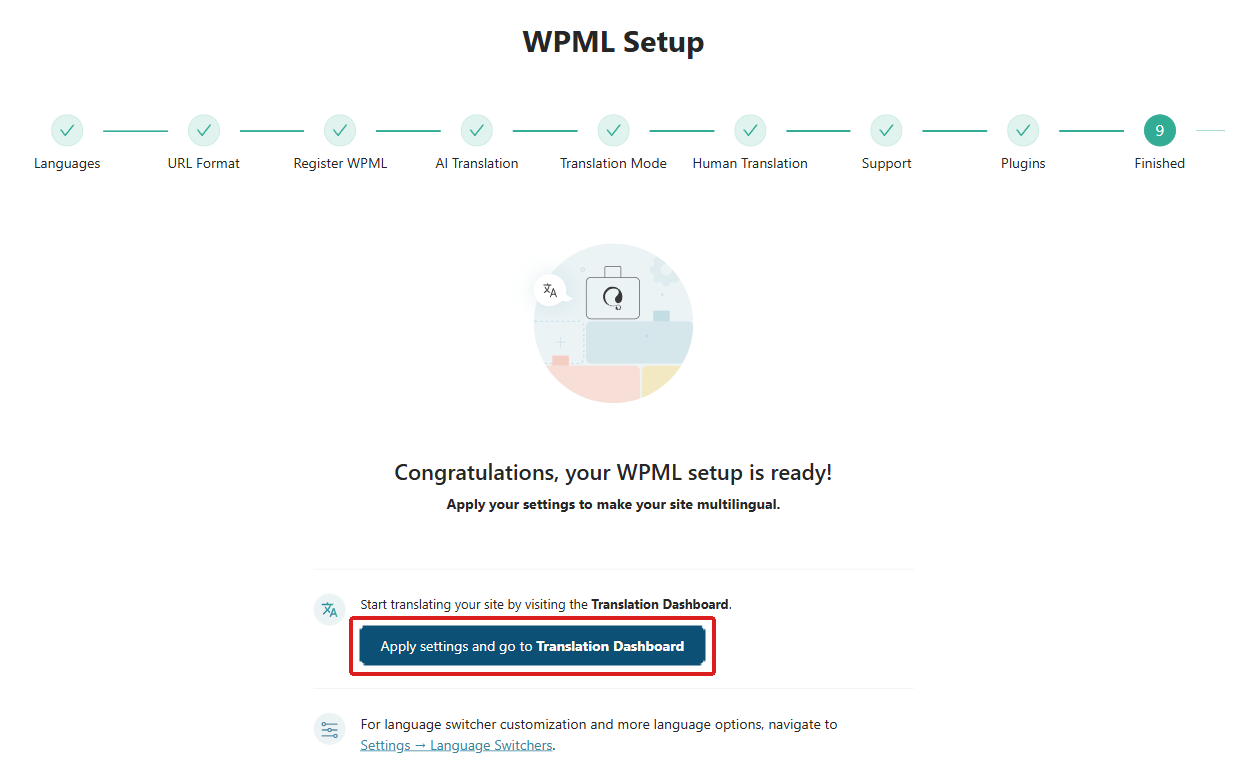WPML Setup wizard Finished step with the Apply settings and go to Translation Dashboard button highlighted.