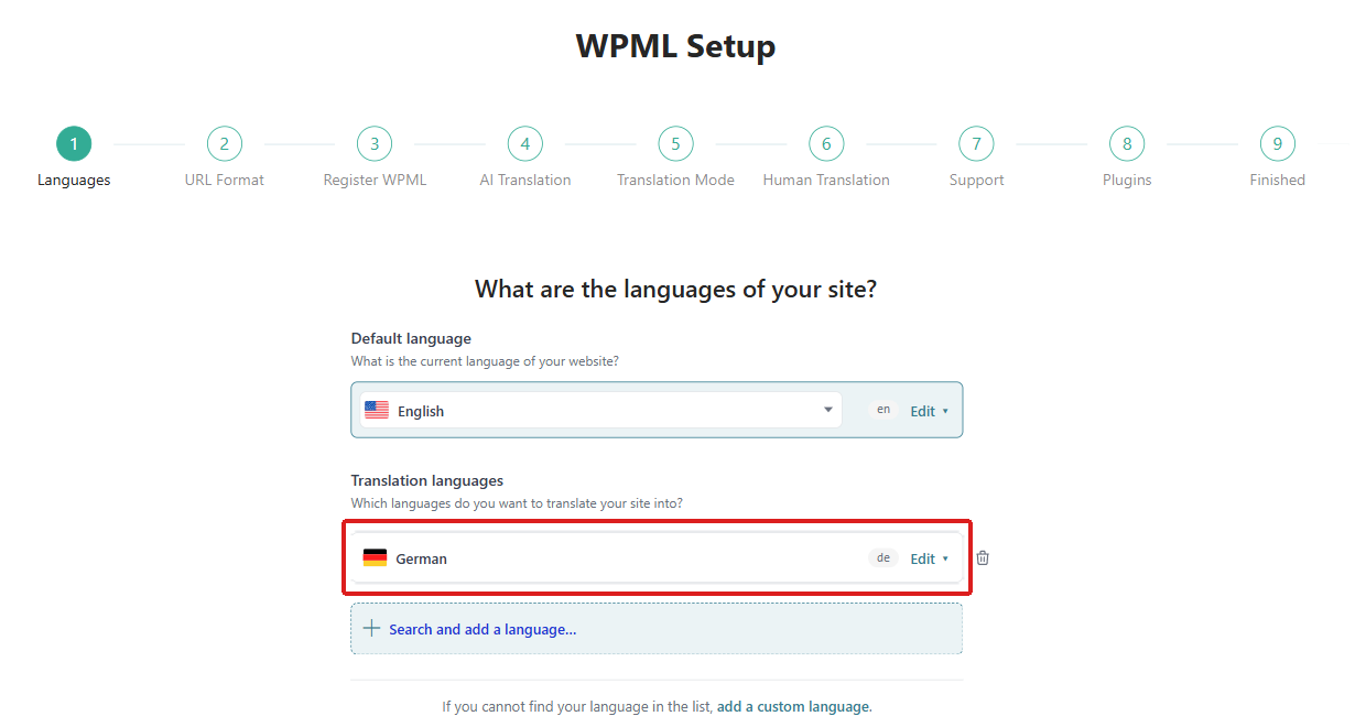 WPML Setup wizard Languages step with English as the default language and German added as a translation language.