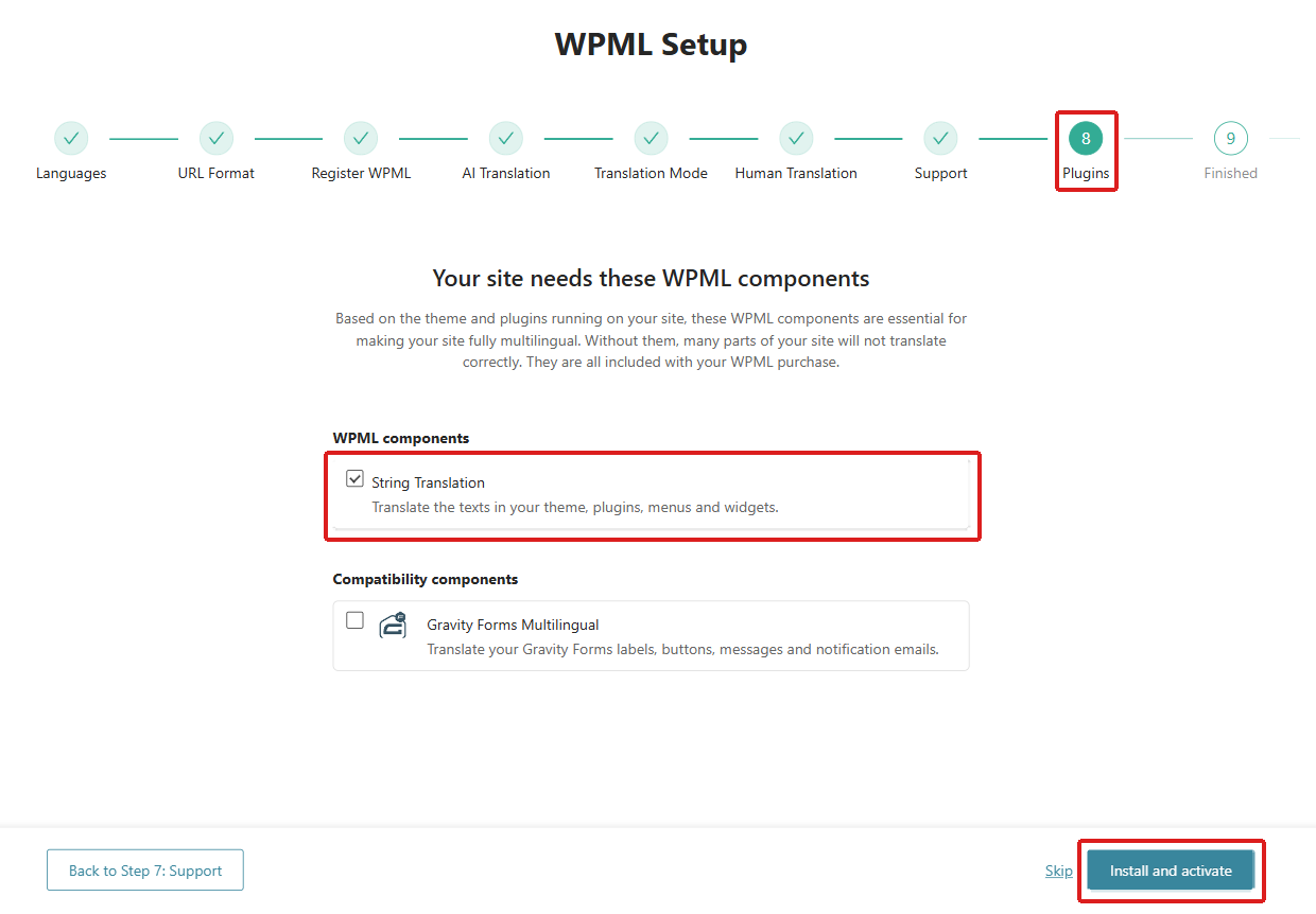 WPML Setup wizard Plugins step with String Translation checked and the Install and activate button highlighted.