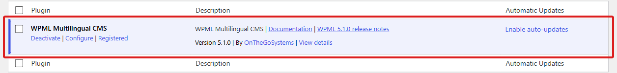 Plugins screen showing WPML Multilingual CMS version 5.1.0 installed and active.